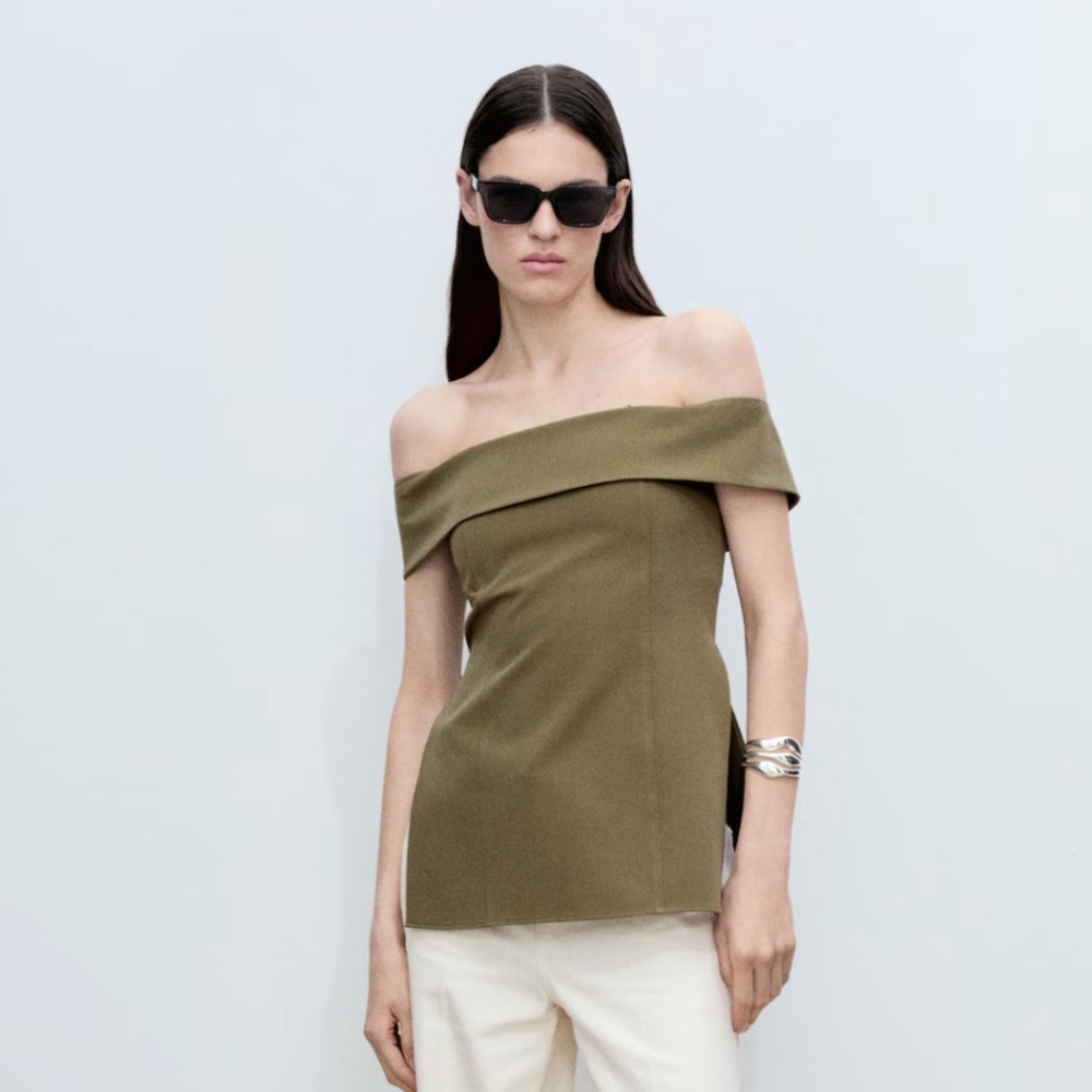 Mango Olive Off-Shoulder Foldover Top Size Medium
